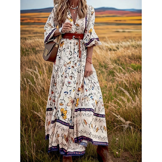 Boho Floral V Neck Dress - Women's 3/4 Sleeve Polyester Maxi Dress Casual Beach Cover Up Summer Vacation Outfit