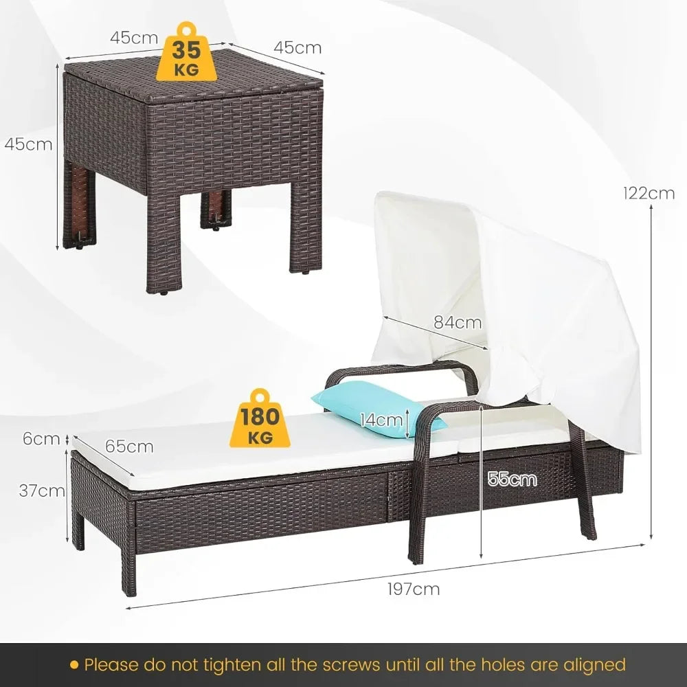 Rattan Sun Lounger with Side Table, 6-Level Adjustable Garden Daybed Chaise Lounge Chair, Outdoor Reclining Chair Wicker Sun Bed