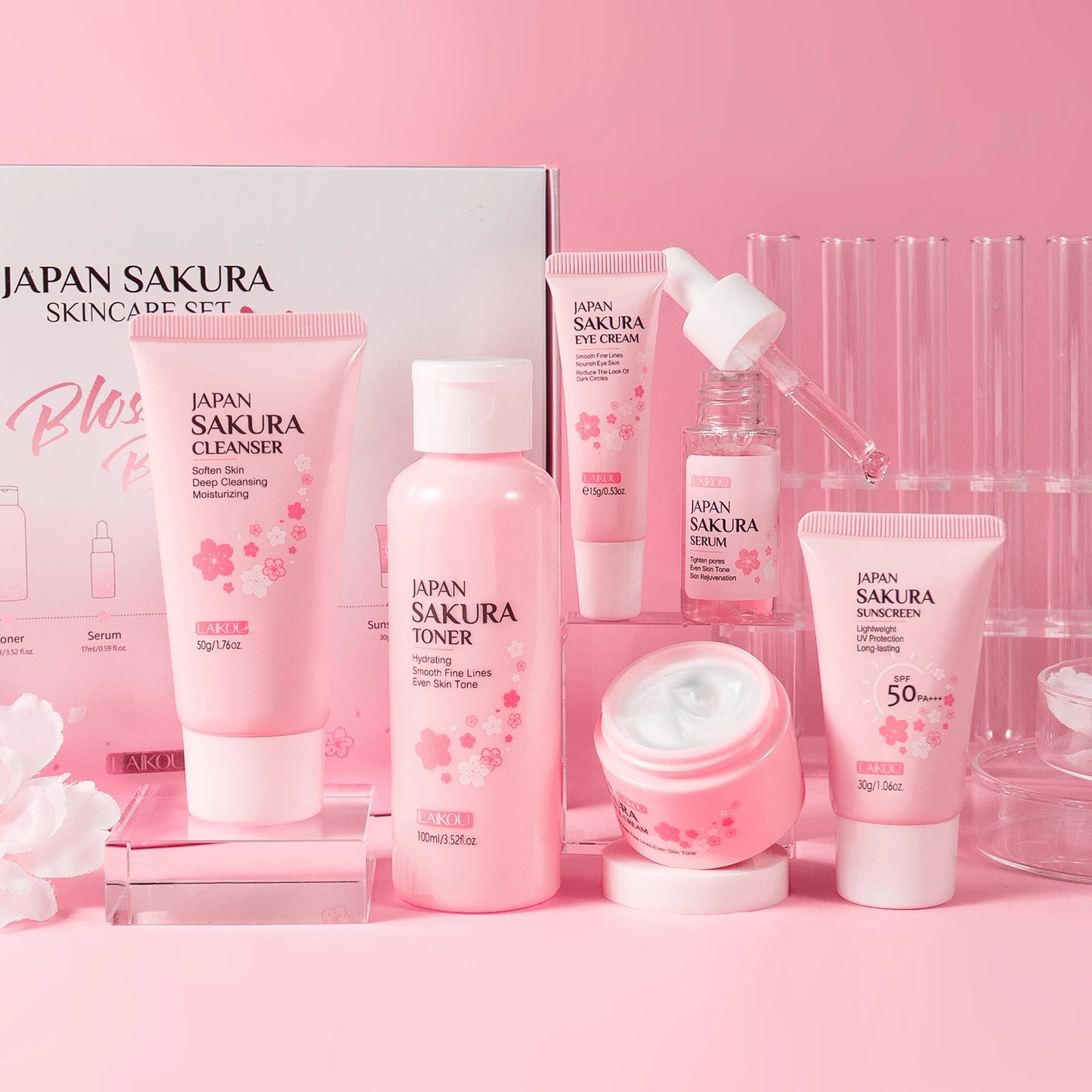 LAIKOU Japan Sakura Skincare Set 6pcs SPF Day Routine Hydrating Anti-Aging Brightening Sun Defense