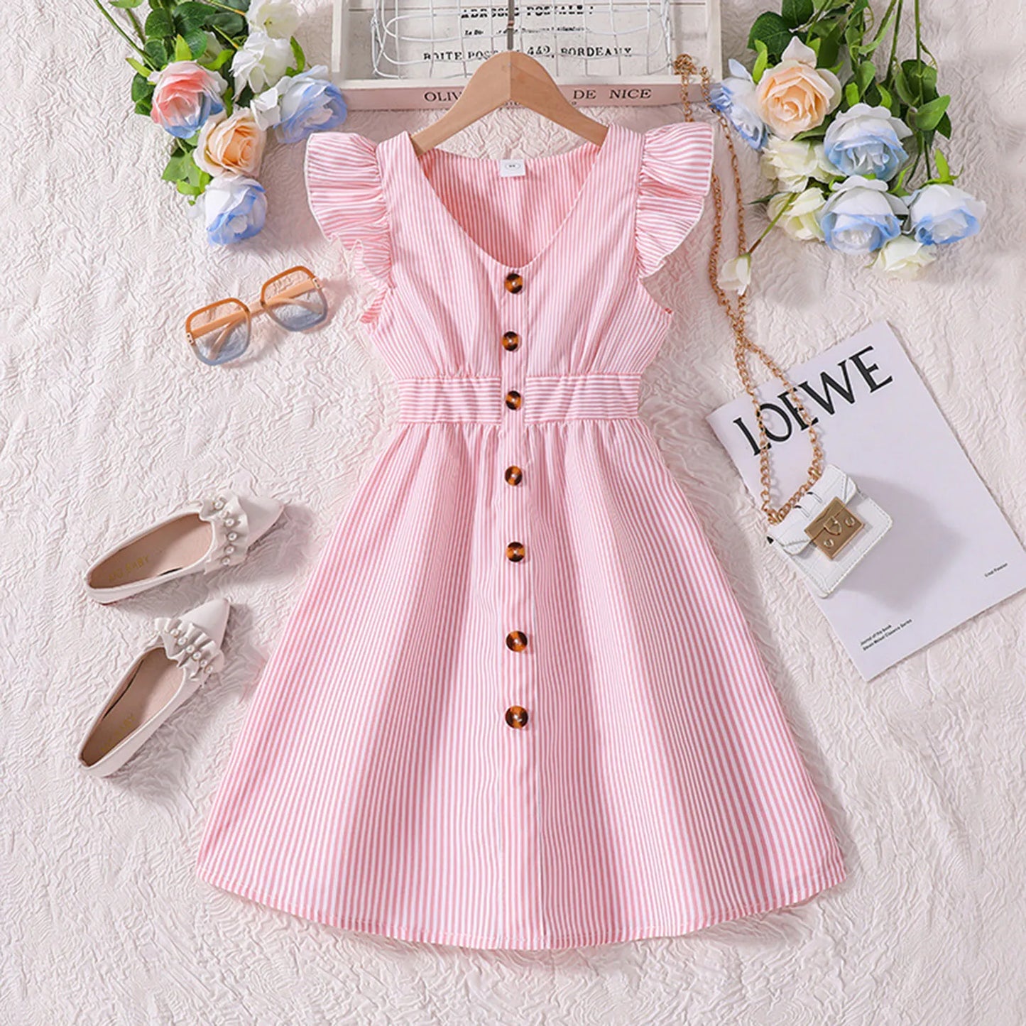 Girls Clothes Age 6 Children's Dress Summer Children's Dress New Flying Sleeve Striped Shirt Dress Children's Tween Dresses