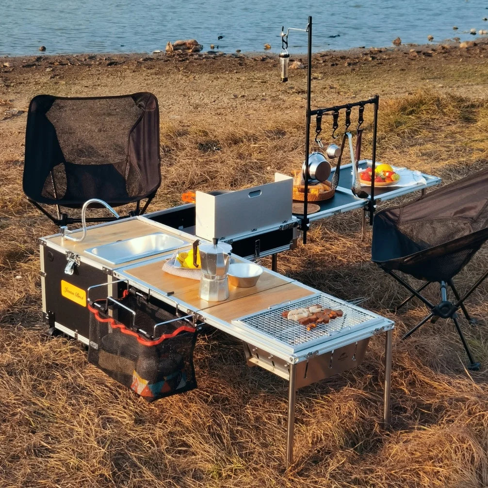 Outdoor mobile kitchen, car mounted multifunctional small kitchen box, camping picnic stove, barbecue folding table with wheels
