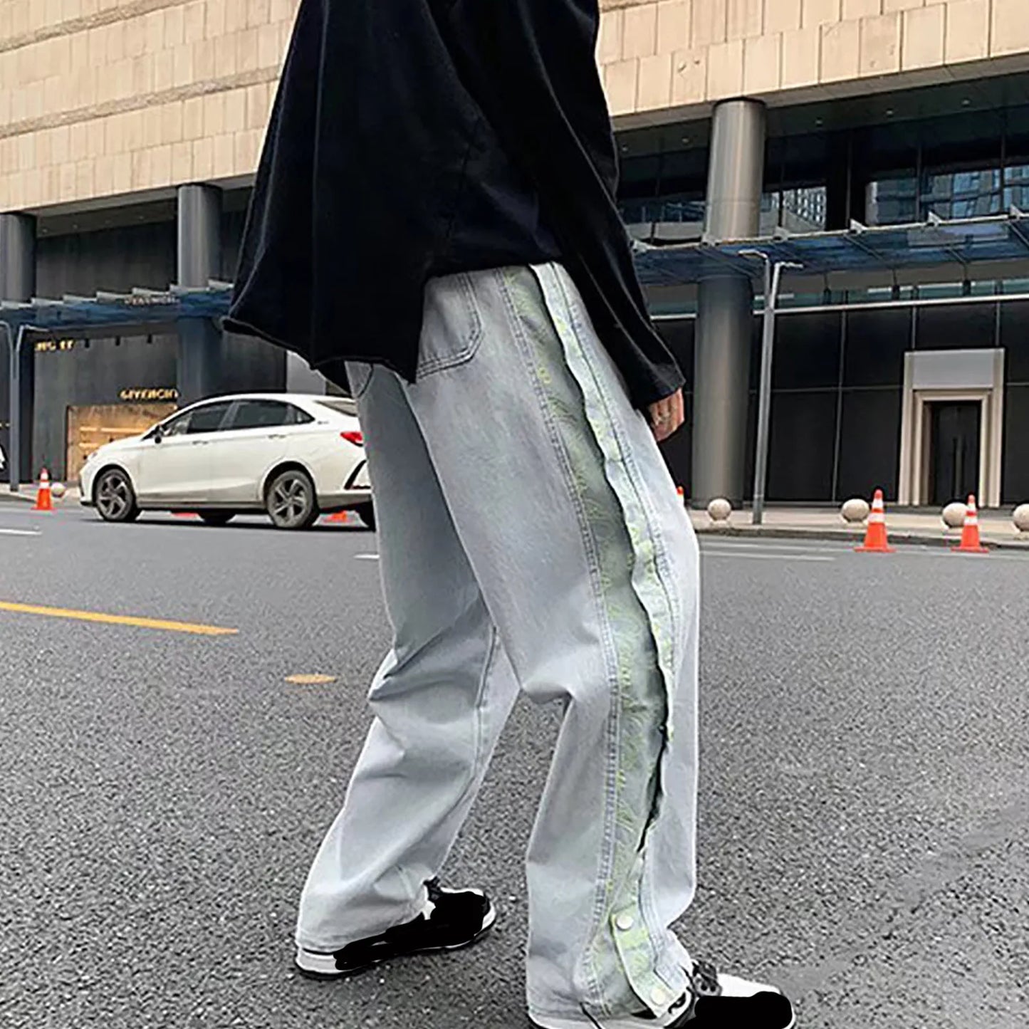 Men's Casual Jeans American Grunge High Street Pants Men Jeans Lace Up Waisted Solid Denim Trousers Wide Leg Straight Leg Pants