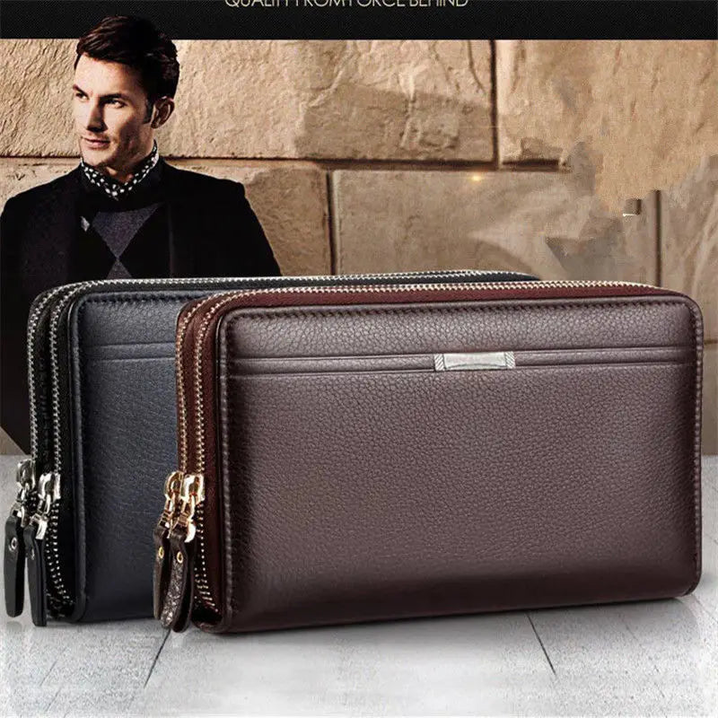 Men's Long PU Leather Clutch Wallet Large Capacity Business Double Zipper Card Holder Cellphone Handbag For Organized