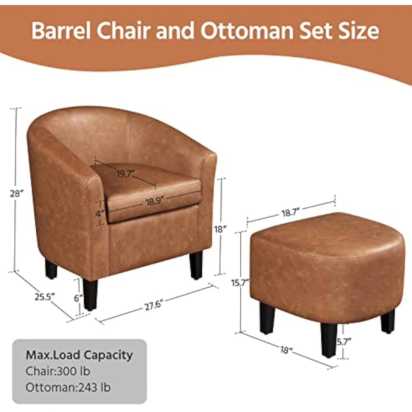 Accent Chair with Ottoman Footstool, PU Leather Modern Upholstered Soft Barrel Chair, Comfy Club Armchair and Footrest Set for