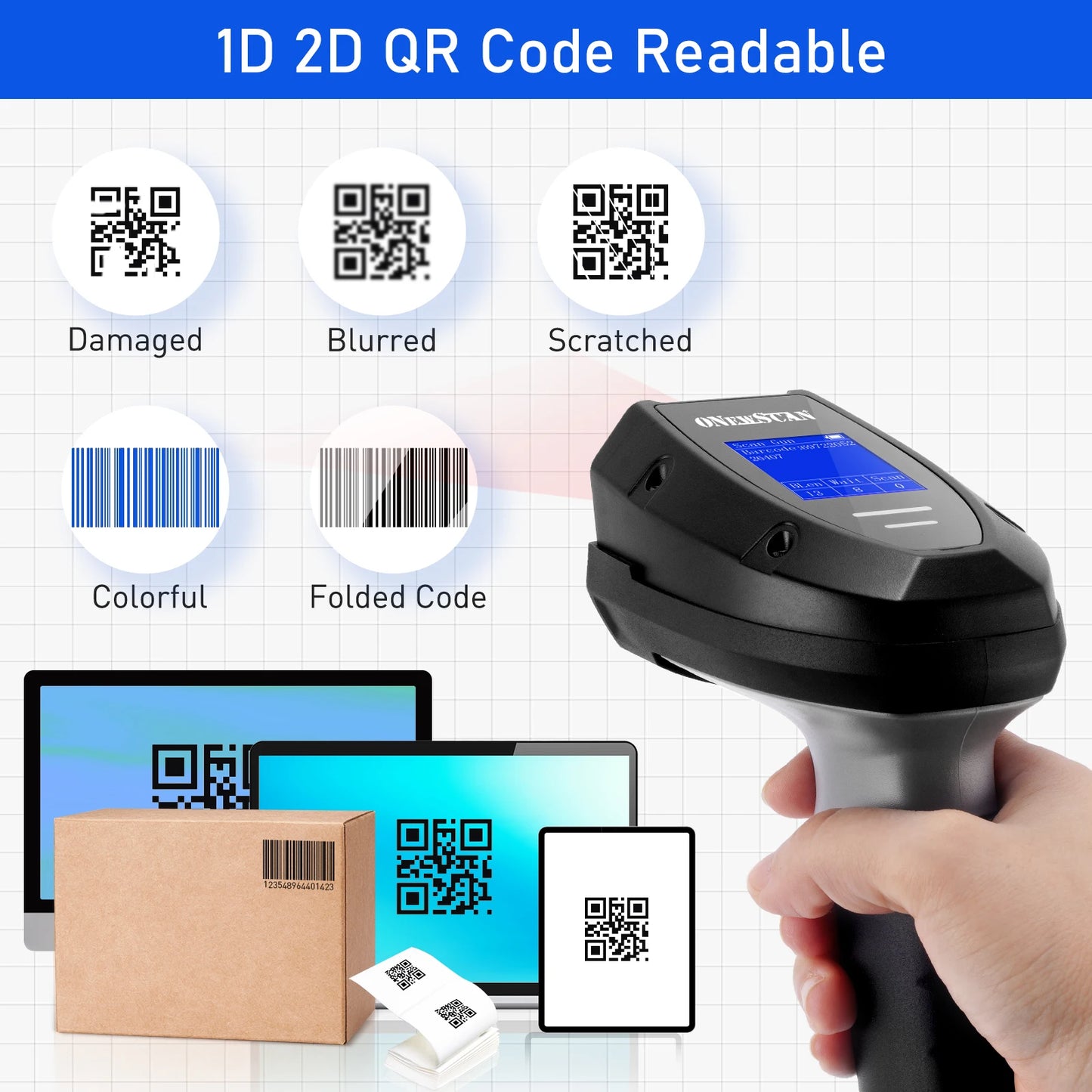 Wireless Barcode Scanner with LCD Display & Charging Dock | 0.1s Fast Scan | USB/Bluetooth| Plug & Play