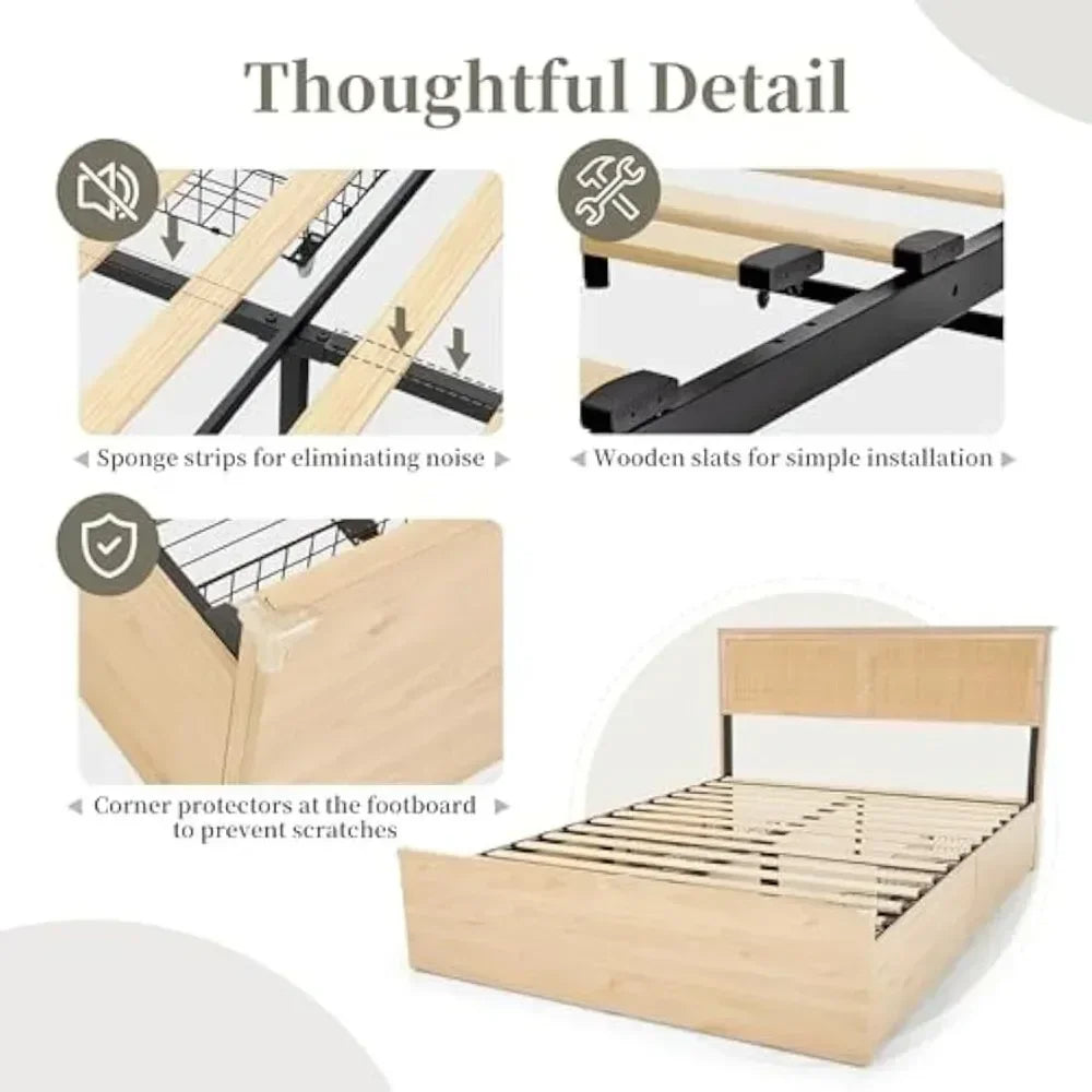 with Natural Rattan Headboard and Wooden 4 Storage Drawers,Metal Platform with Strong Wooden Slats Support,No Box Spring Needed