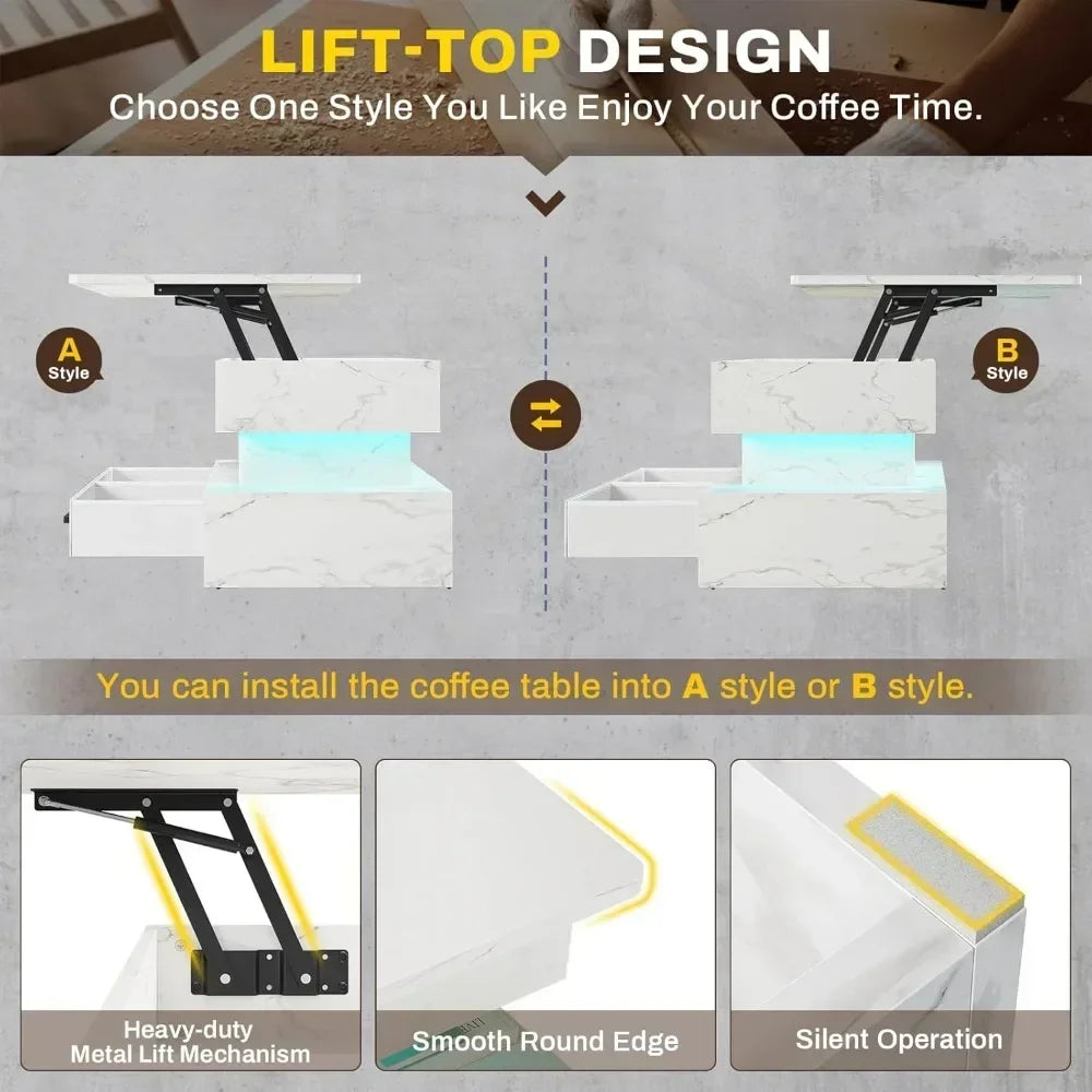 40" Lift Top Coffee Table, Coffee Tables with Storage for Living Room, Small Coffee Table with 2 Fabric Drawers & LED Lig