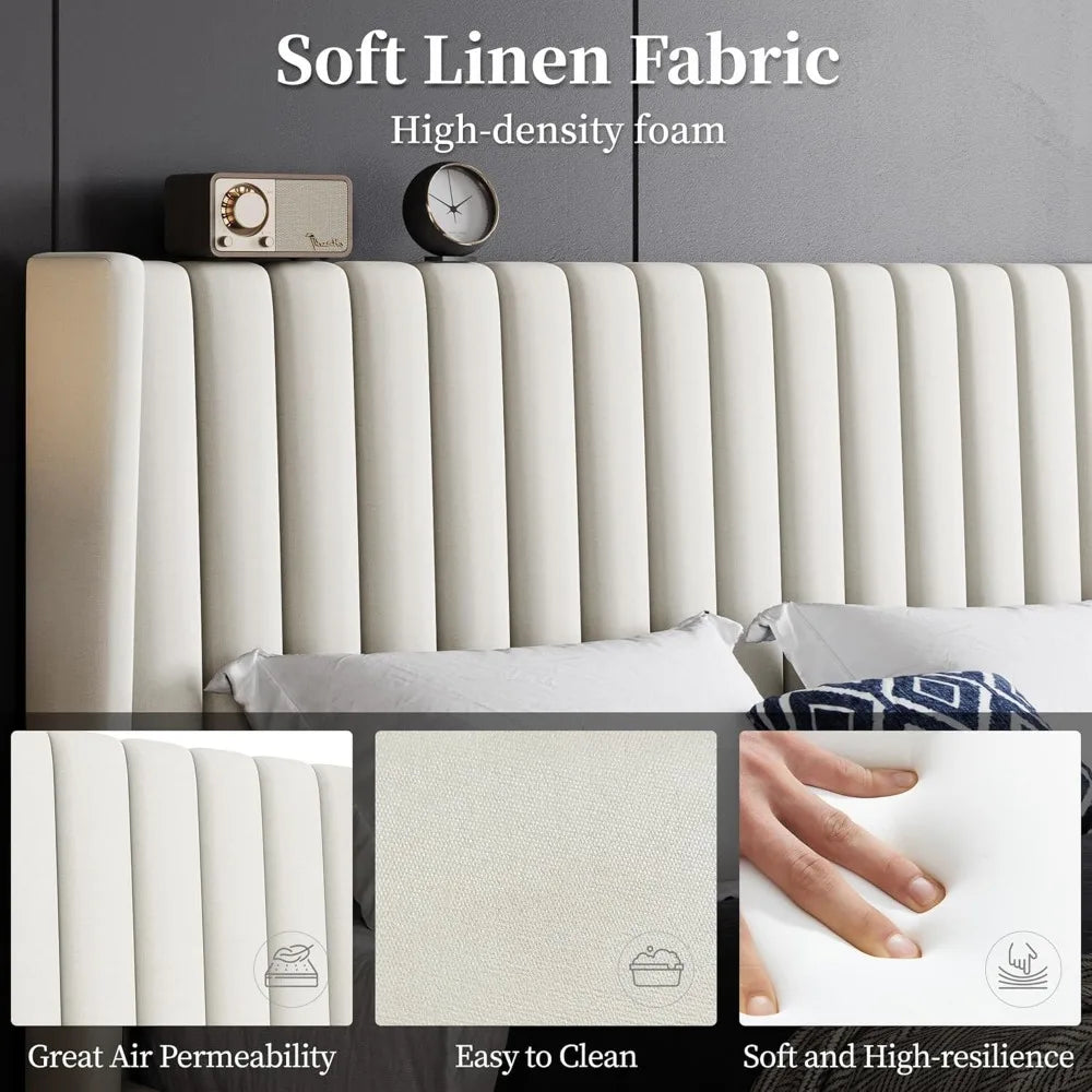 Bed Frame Upholstered Platform Bed with Fabric Headboard, Wing Edge Design/Non-Slip and Noise-Free/Wooden Slats Support