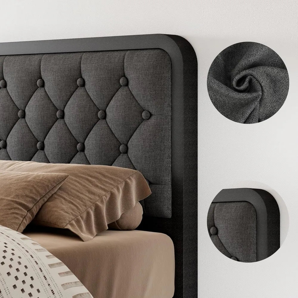 Bed Frame, Curved Metal Platform Bed Frame with Linen Upholstered Headboard, 12 Inch Under-Bed Space, No Box Spring Needed