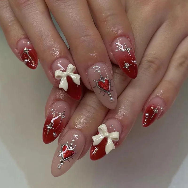 24pcs Aurora Nude Pink Press on Nails Almond Acrylic Sweet Fake Nails with 3d Charms Butterfly Florals Full Cover Flower Nails