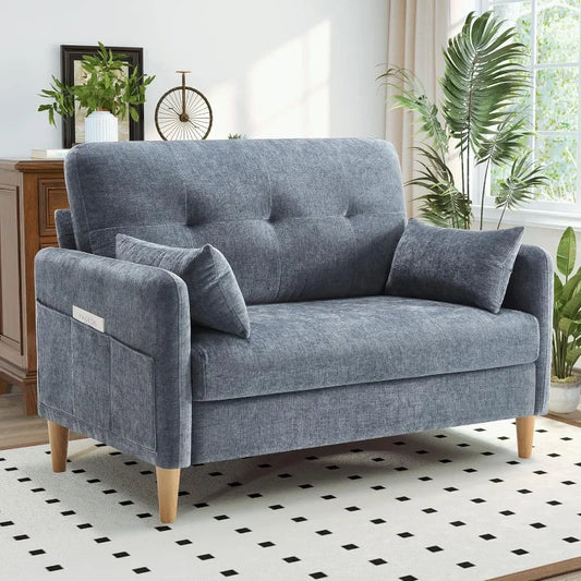 Hanherry Loveseat Sofa, 47” Small Couch for Living Room, Comfy Chenille Fabric Love Seat for Bedroom with Throw Pillow