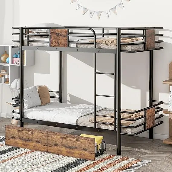 Harper & Bright Designs Metal Triple Bunk Bed with Stairs, 3 Beds Bunk Bed & Twin Over Twin Bunk Bed with Storage Shelves Stairc