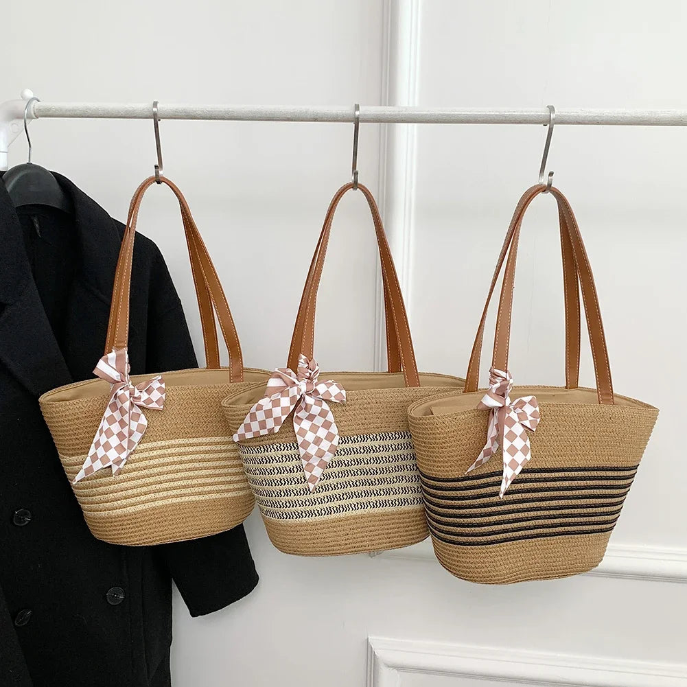 Women Straw Tote Handbag Large Capacity Crochet Beach Handbag Zipper Closure Weaving Striped Handbag Ladies Summer Daily Bag