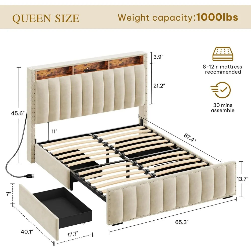 Queen Size Bed Frame with 4Storage Drawers and RGB LED Lights, Velvet Upholstered Platform Bed with Charging Station and Storage
