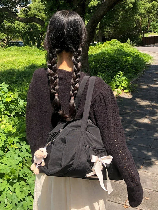 Ribbon Bow Gym Bag Fashion Shoulder Bag Large Capacity Casual Clutch Handbag Multi-pockets Waterproof for Gym Fitness