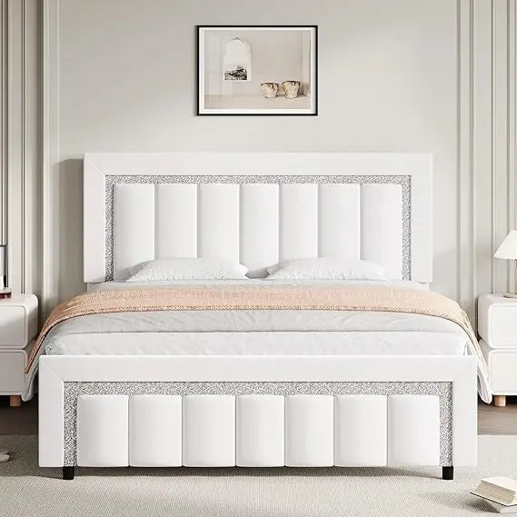 HOMBCK Full Size Bed Frame, Black Velvet Upholstered Bed Frame with Diamond Tufted Headboard and Footboard, Vertical Channel Tuf