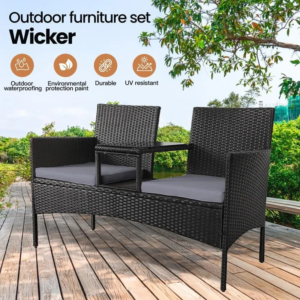 2 Seater Bench with Grey Cushions, Built-In Centre Glass Table Wicker Garden Furniture for Outdoor Balcony Poolside Bistro