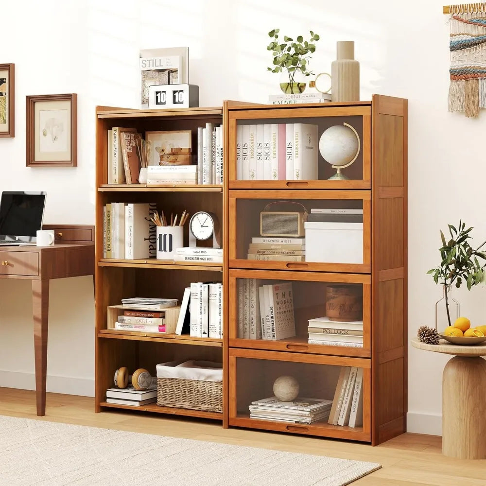 4-Tier Bookcase with Clear Doors, 55" Bamboo Bookshelf with Flip-up Acrylic Doors, Freestanding Cube Storage Organizer with She