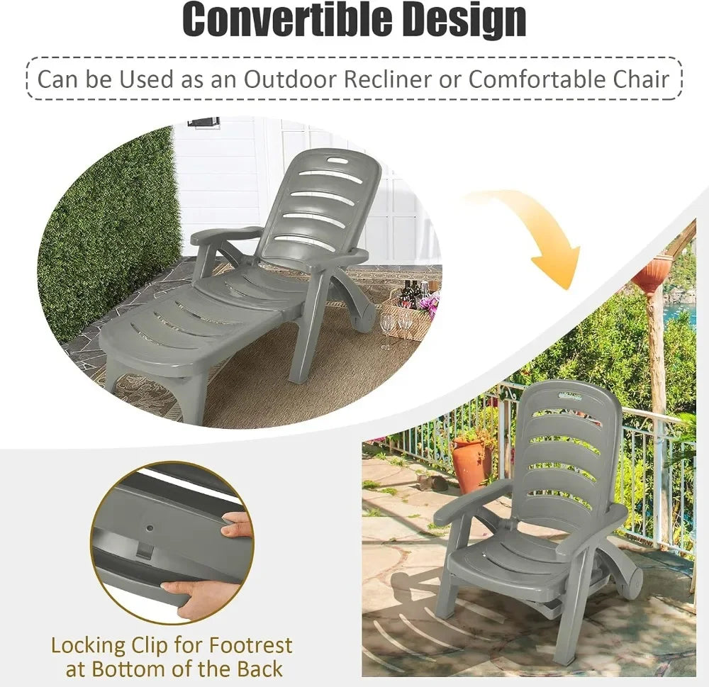 Folding Sunlounger with Wheels, 5-Position Adjustable Outdoor Deck Chair Furniture, Garden Beach Patio