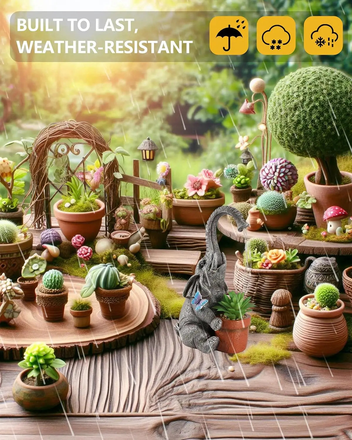 Solar-Powered Resin Elephant Garden Statue with Water Fountain & Light - Durable Outdoor Patio Decor