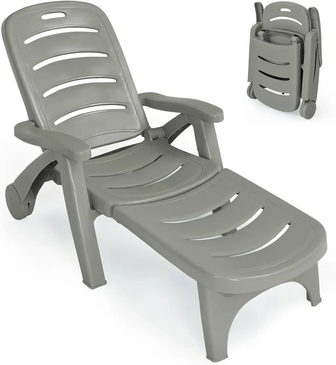Folding Sunlounger with Wheels, 5-Position Adjustable Outdoor Deck Chair Furniture, Garden Beach Patio