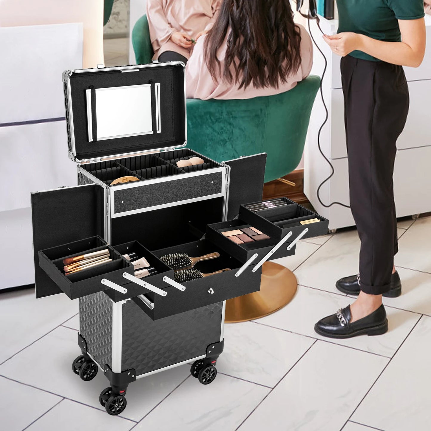 Secure and Spacious Rolling Makeup Case for Cosmetologists and Hairstylists - Easy to Clean and Transport