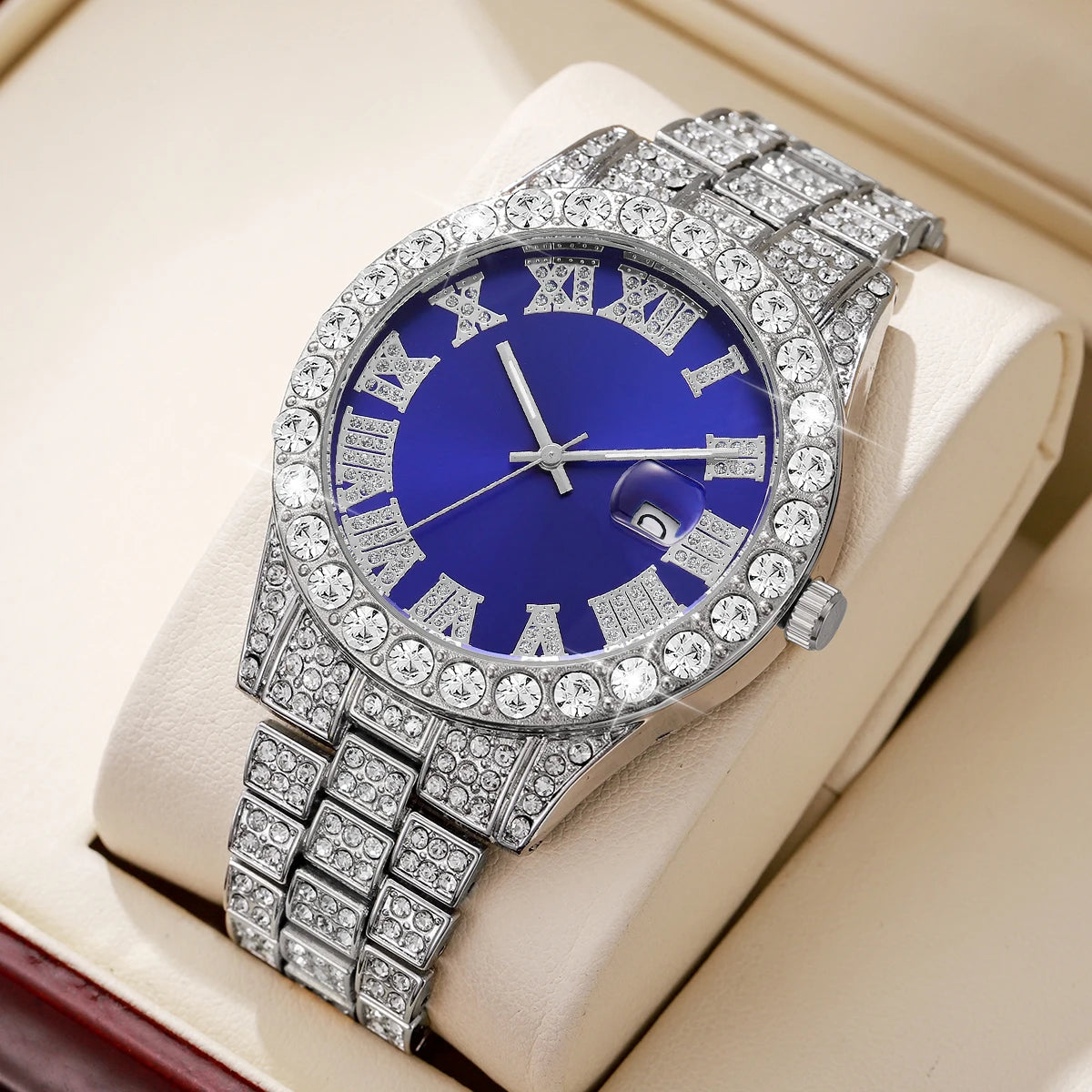 Fashion Full Diamond Men's Watch Stainless Steel Band Male Quartz Wristwatches Date Calendar Watches
