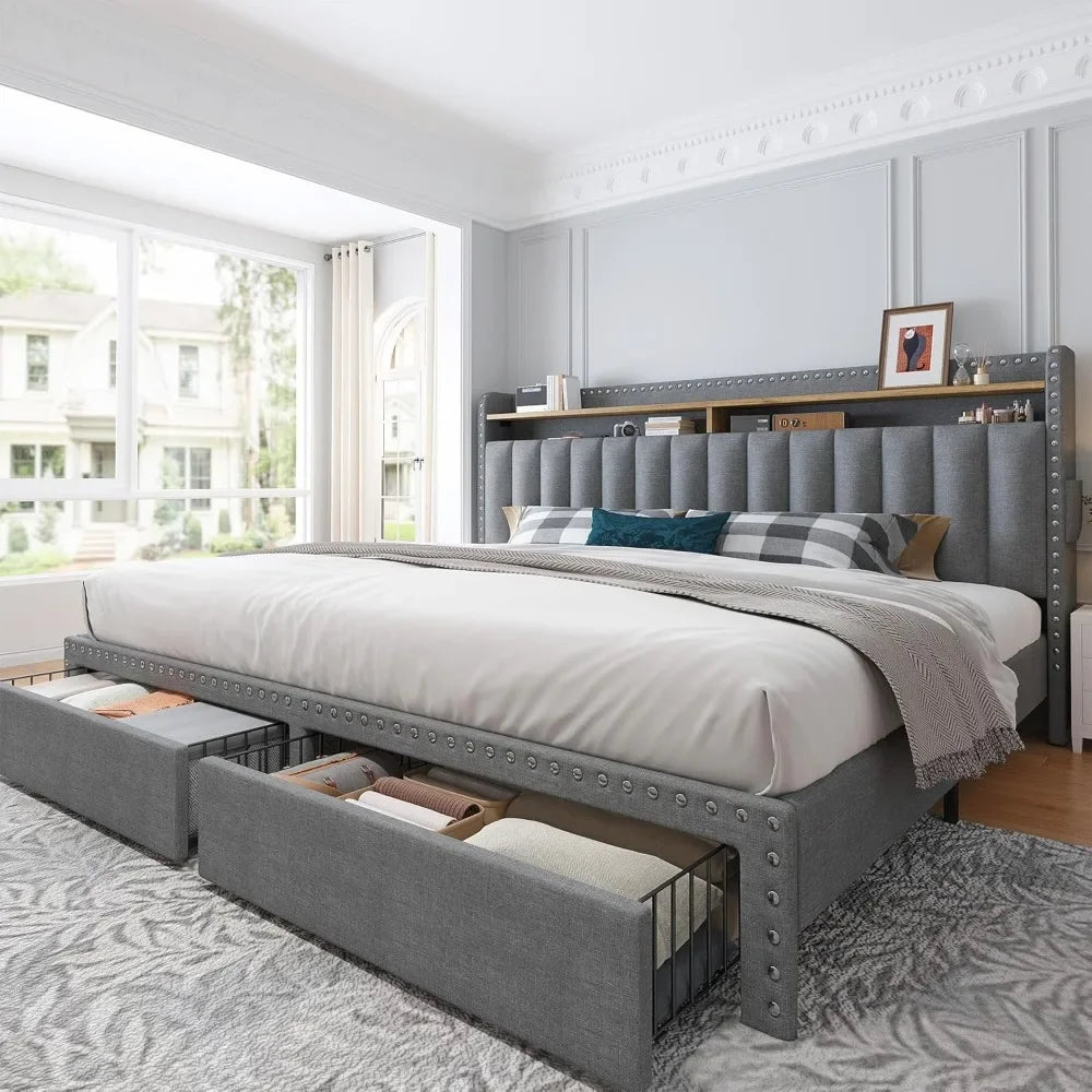Bed Frame with Storage and Headboard, Upholstered Bed Frame with Storage, Grey Bed Frame with 2 Drawers