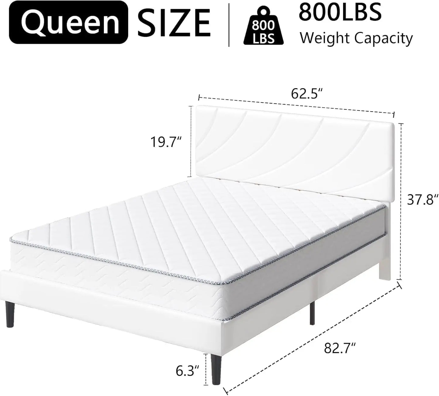 Queen Bed Frame, White Queen Upholstered Bed Frame with Shell Shaped Headboard, Wood Slats Support, PU Leather,