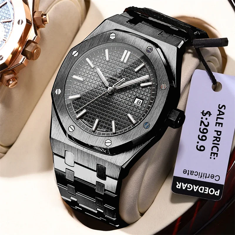 POEDAGAR Luxury Square Man Quartz Watch Waterproof Luminous Date Men's Watch High Quality Stainless Steel Business Men Watches