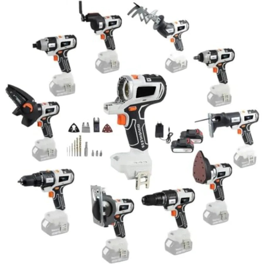 Cordless Power Tool Combo Kit 10 in 1 Multi-Functional Woodworking Tool Set with Brushless Motor 2 x 4.0Ah Batteries Compact To