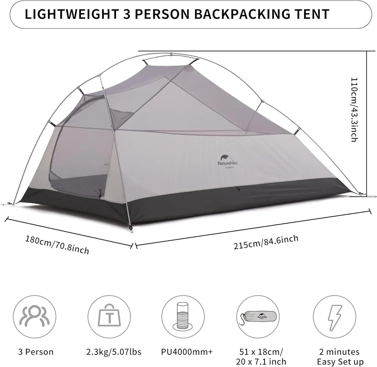 Cloud-Up 3 Person Tent Lightweight Backpacking Tent with Footprint - 3 Season Free Standing Dome Camping