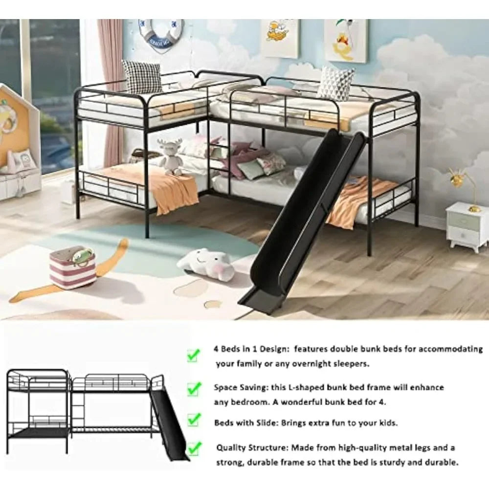 Quad Bunk Bed with Slide, L Shaped Bunk Bed for 4, Twin over Twin Metal Bunk Frame for Kids Teens Girls Boys Beds