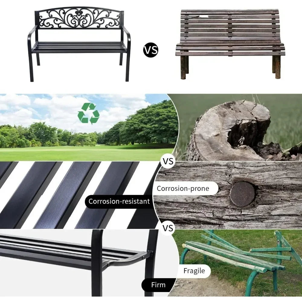 2 Seater Garden Bench, Decorative Pattern Iron Park Chair Seat, Outdoor Leisure Loveseat for Garden,  Patio,  Park,  Yard