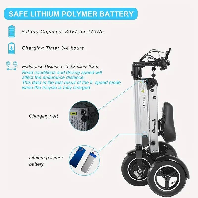 Electric Scooter 3 Wheels Foldable Trike with Seat for Adults, Light Weight Mobility 10 Inch Pneumatic Tires Tricycle
