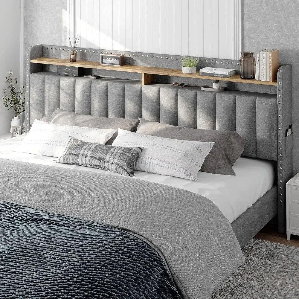 Bed Frame with Storage and Headboard, Upholstered Bed Frame with Storage, Grey Bed Frame with 2 Drawers