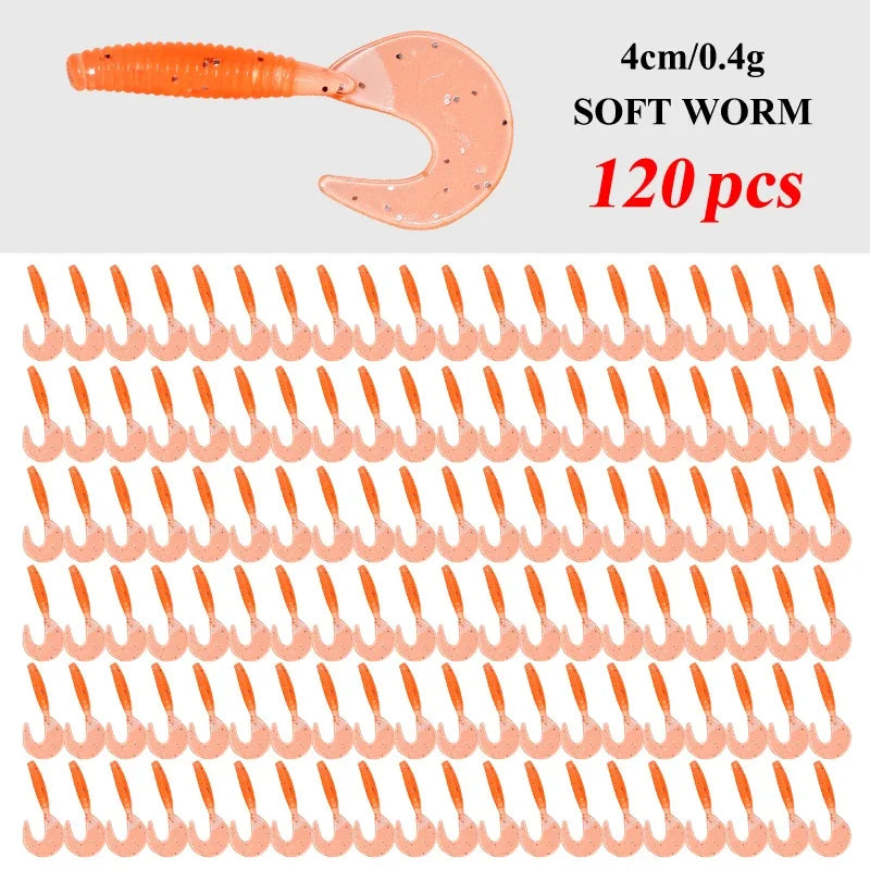 120Pcs New Soft Bait 4cm0.4g Fishing Lures Plastic Silicone Worm Moggot Grub Lure Saltwater Wobblers Carp Swimbait for Pike Tool