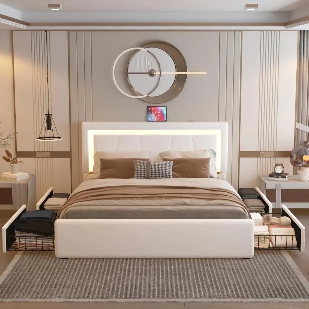 Leather Bed Frame Full, Upholstered Platform Bed with USB Ports, APP Control, White