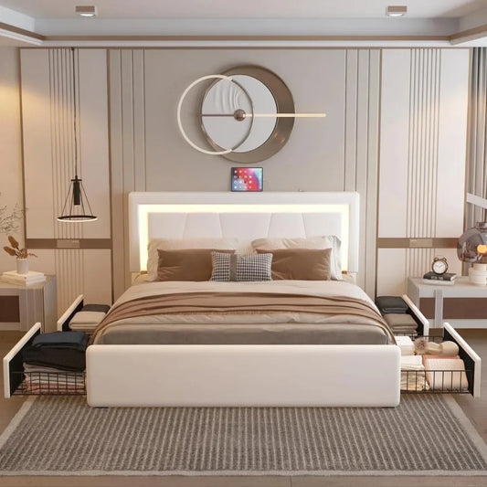 Leather Bed Frame Full, Upholstered Platform Bed with USB Ports, APP Control, White