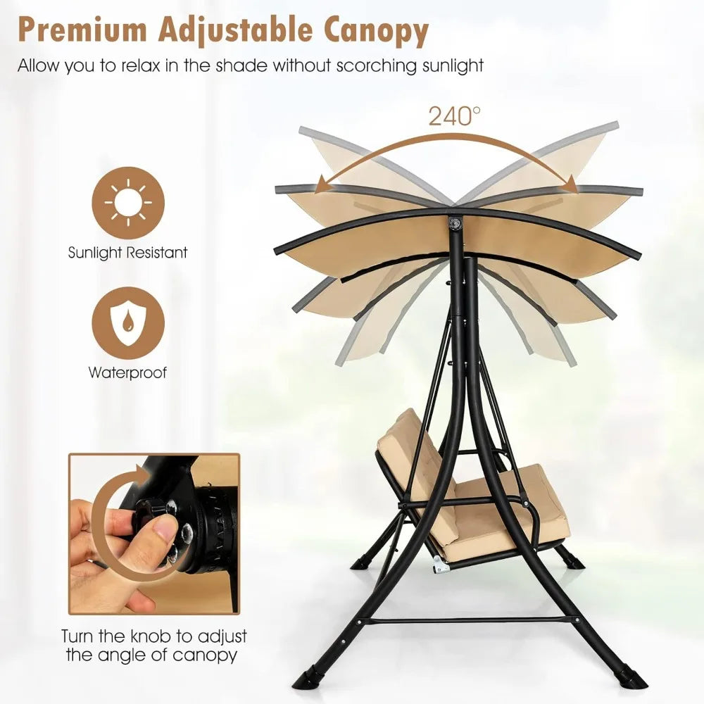 Garden Swing Chair, Outdoor Hammock with Adjustable Canopy and Soft Cushions, Steel Frame Porch Seat Lounger, Patio Swing Bench