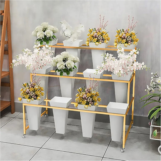 Flower Display Stand With 12PCS Buckets, 3 Layers Metal Plant Stand with Wheels, Living Room, Florist (White - Square Bucket)