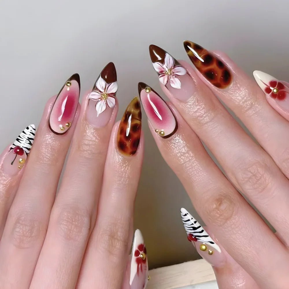 24Pc Leopard Print French False Nails Long Stiletto Press on Nails with Steel Ball Fake Nail Sweet Cool Detachable Nail Tips Art