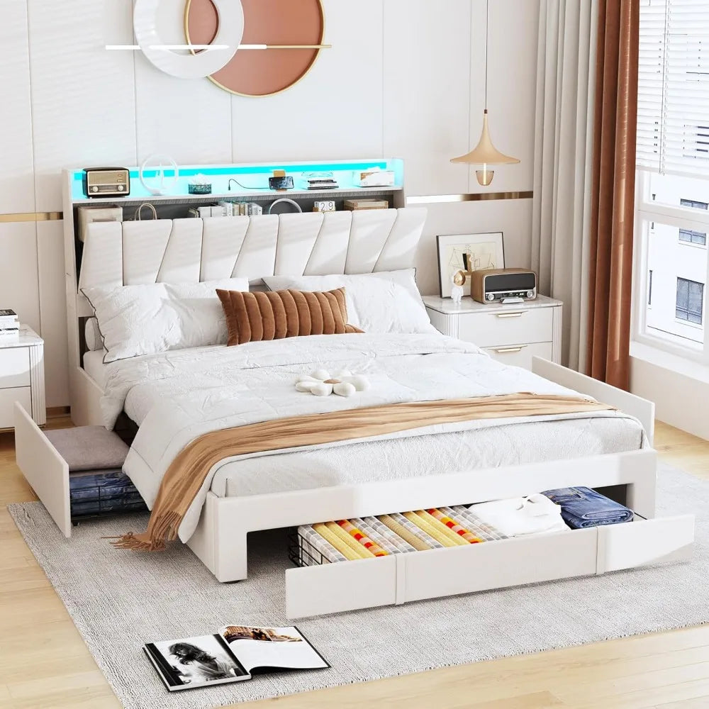 Full Size Bed Frame with Storage Headboard and 3 Drawers,Upholstered Platform Bed with Charging Station