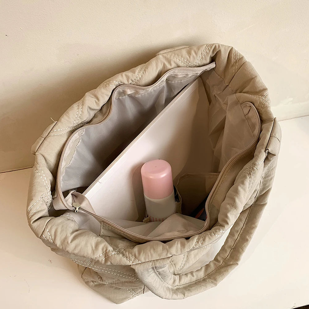 Ladies Diamond Lattice Bag Large Capacity Padding Top Handle Bag Solid Color Quilted Padded Bag Stylish Shopping Bag