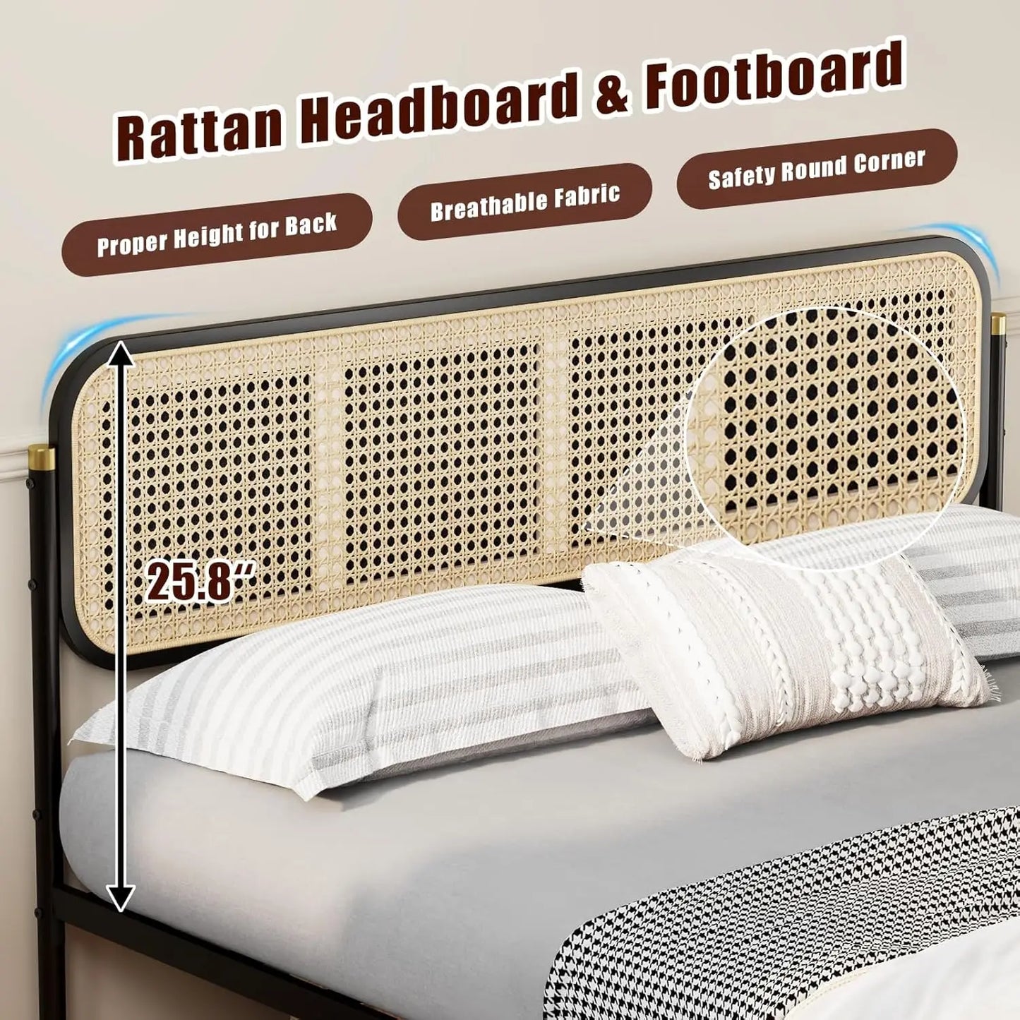 Rattan Bed Frame Queen Size with Headboard, Boho Bed Frame, Queen Bed Frame with Strong Metal Slats Support, Easy Assembly