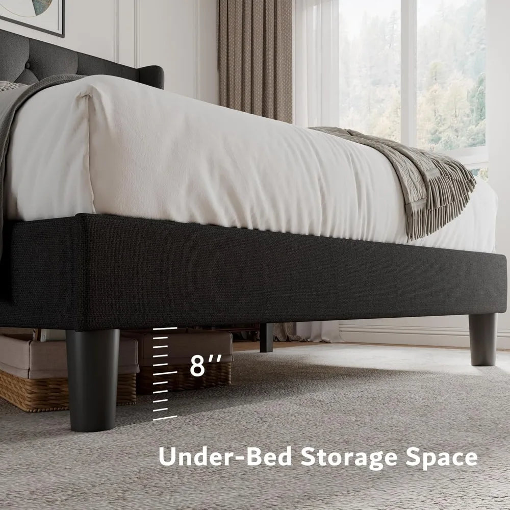Bed Frame with Button Tufted Headboard, Upholstered Bed Frame with Solid Wooden Slats, 8" Underbed Space