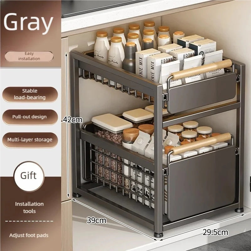 Kitchen Pull-out Basket Shelf Multifunctional Under Sink and Under Vanity Double Storage Shelf Save Space For Storage Items