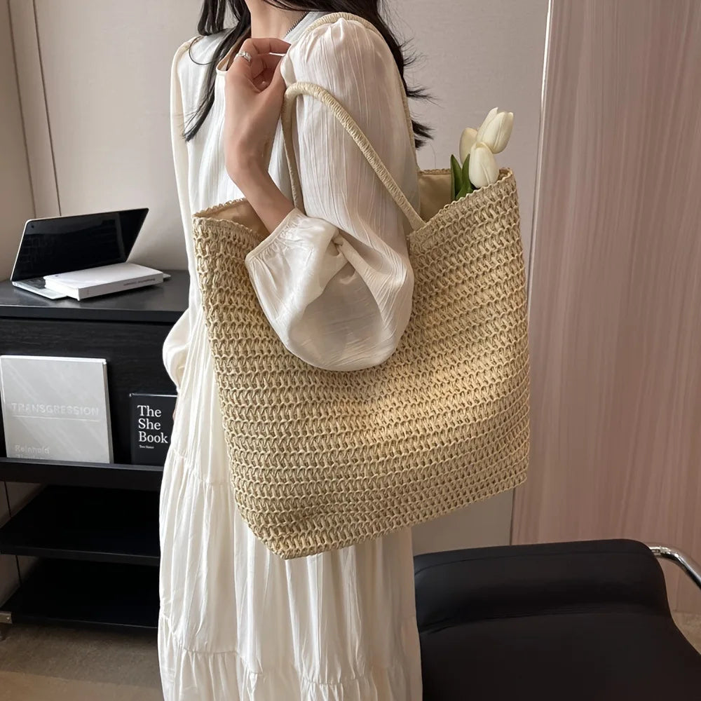 Women Beach Bag Vintage Handmade Woven Shoulder Handbag Retro Straw Shopping Totes Bags Bohemian Ladies Summer Travel Vacation