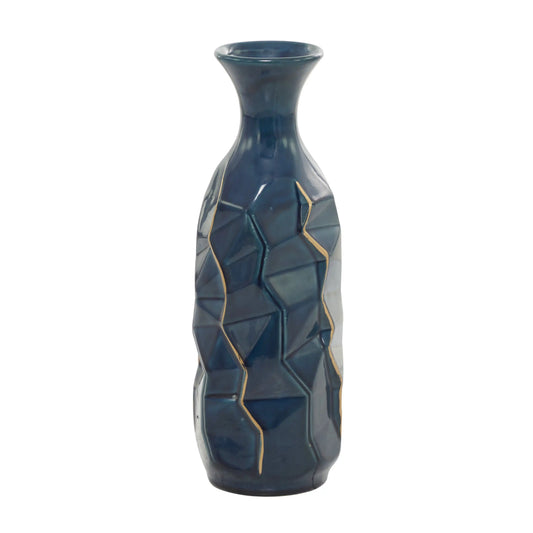 Blue Ceramic Modern and Coastal Vase 5W X 15H, Featuring Minimalist Design with Clean Lines and Angular Structures