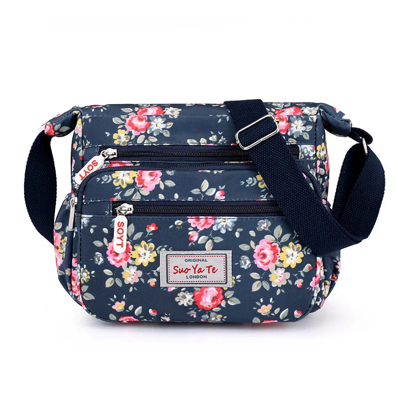 Women Crossbody Bags Casual Shoulder Backpack Multi Layered Floral Print Mother Handbag Canvas Cloth Bag Travel Messenger Purses